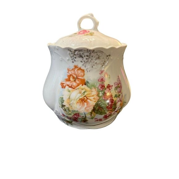 Vintage Floral Candy/Sugar Dish Biscuit Jar with Lid Floral Pattern Antique - Picture 1 of 16